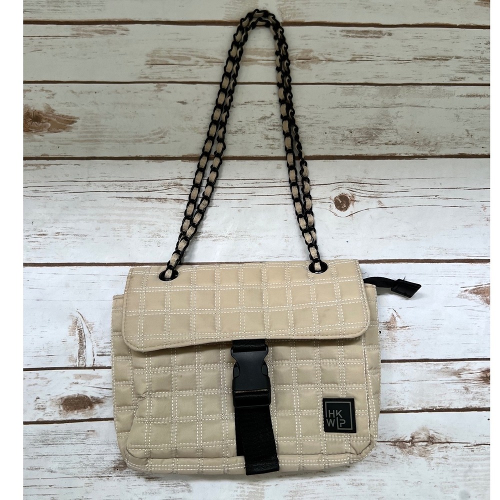 HKWP Shoulder Bag Beige Quilted Grid Nylon Buckle Flap Chain Strap Medium